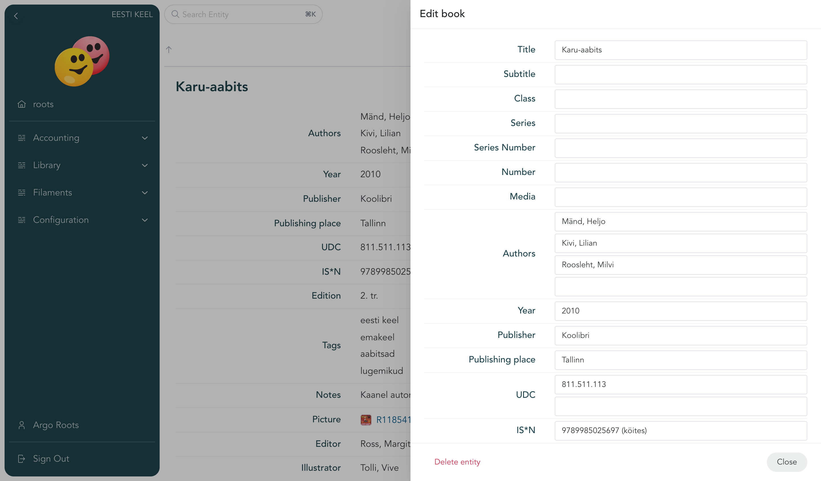 Edit drawer with a book entity's fields filled in