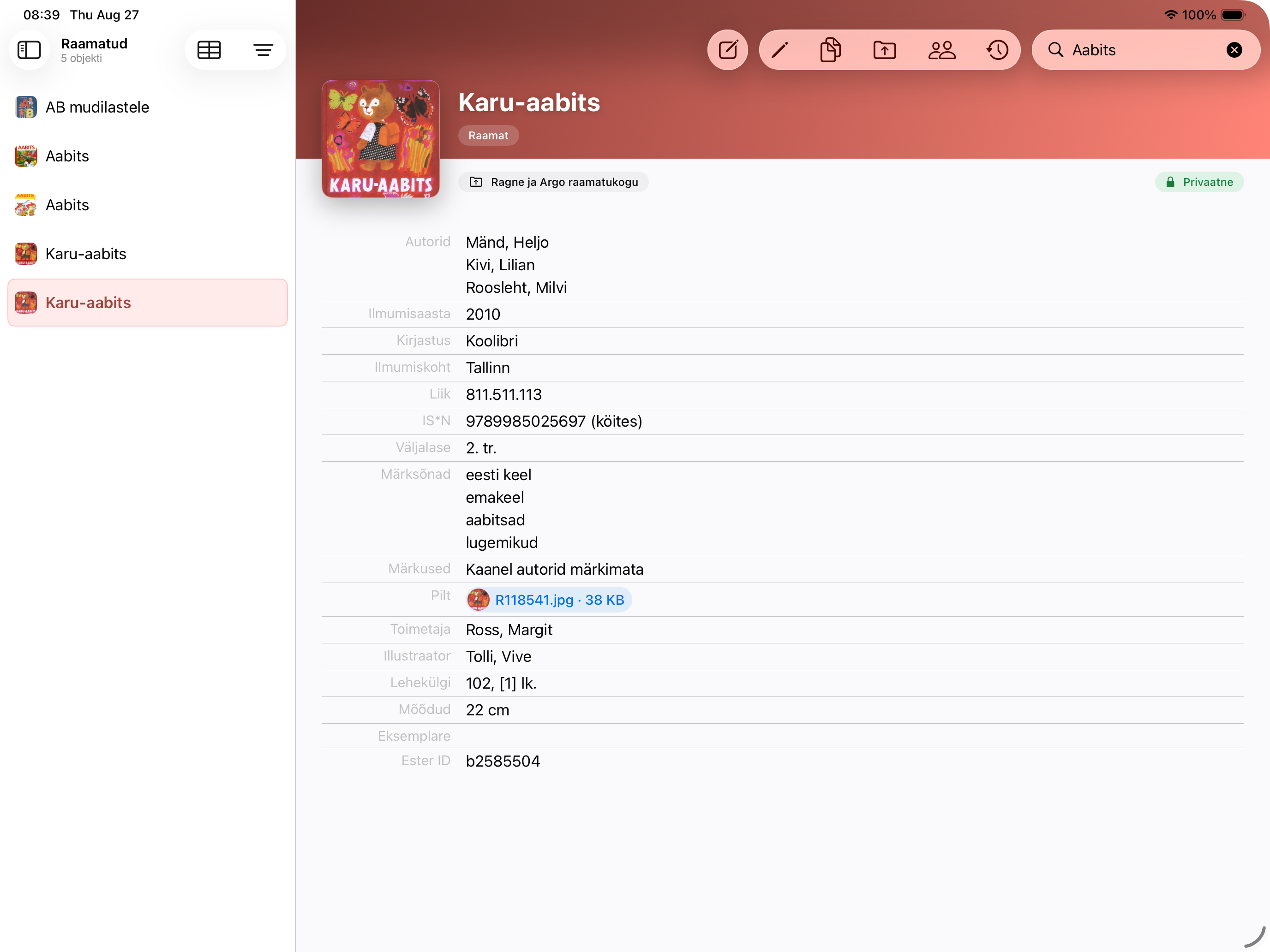 Natiivne Entu rakendus iPadis, avatud raamatu objekt