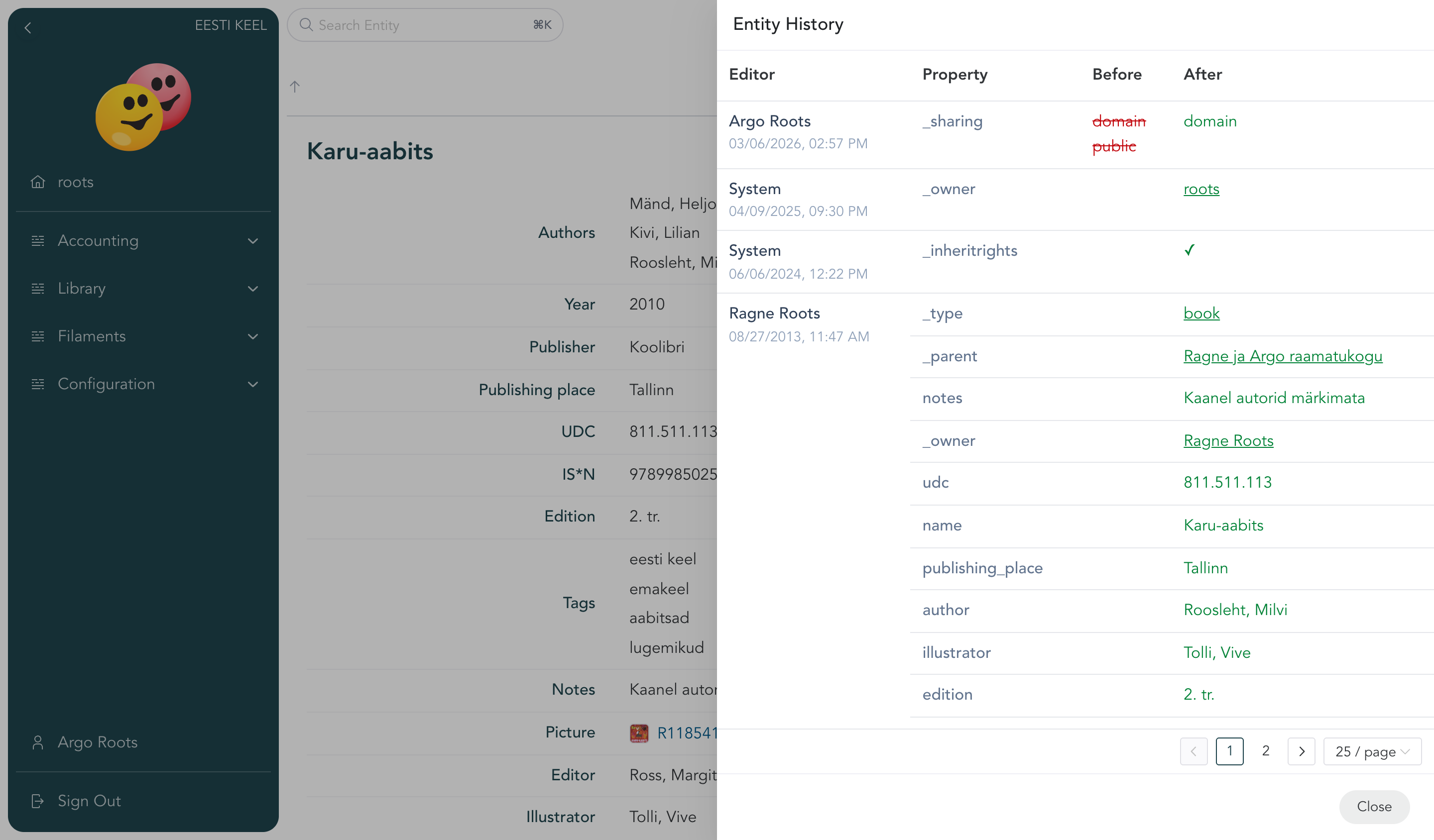 Entity history drawer with editors and before-and-after values