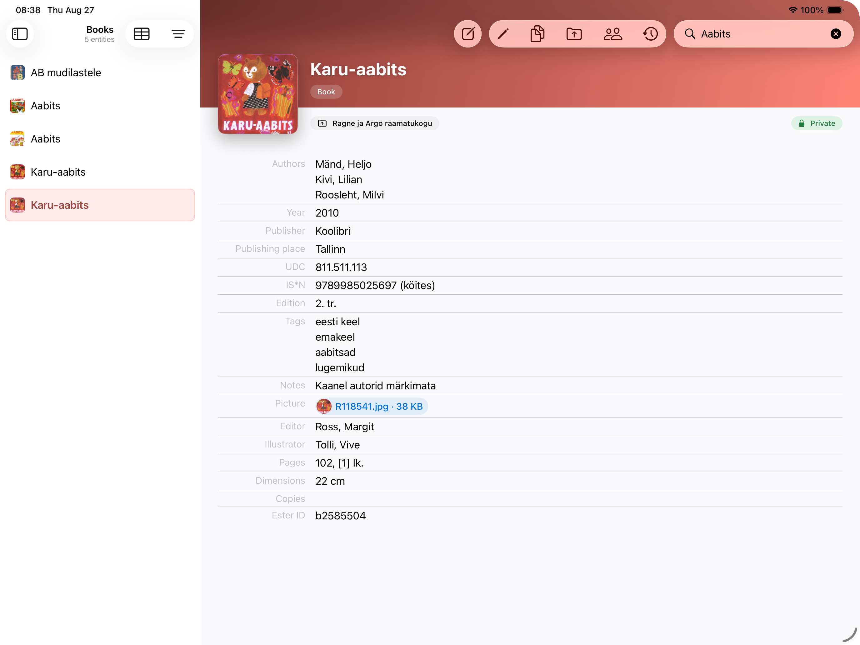 The native Entu app on iPad, showing a book entity