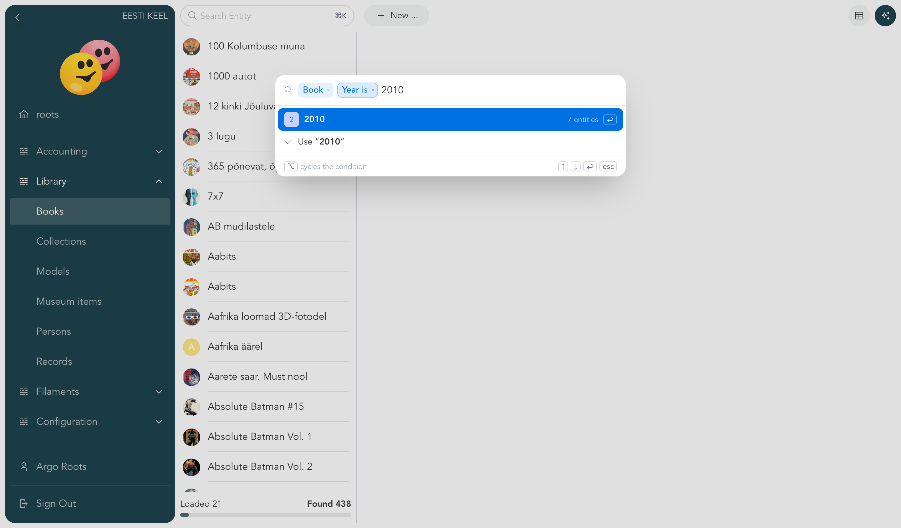 Command palette with a type token and a property filter being built