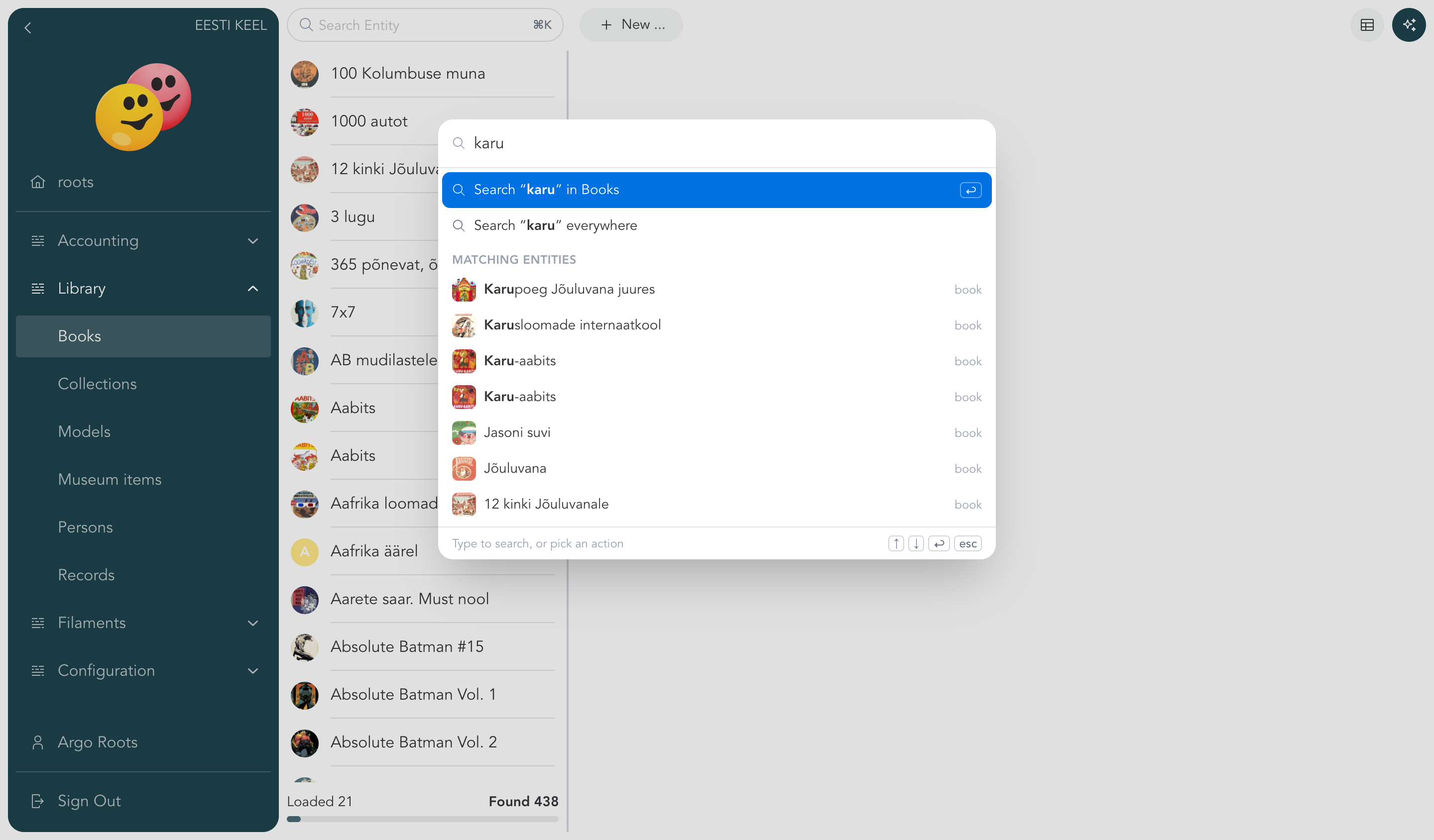 Command palette open with search results