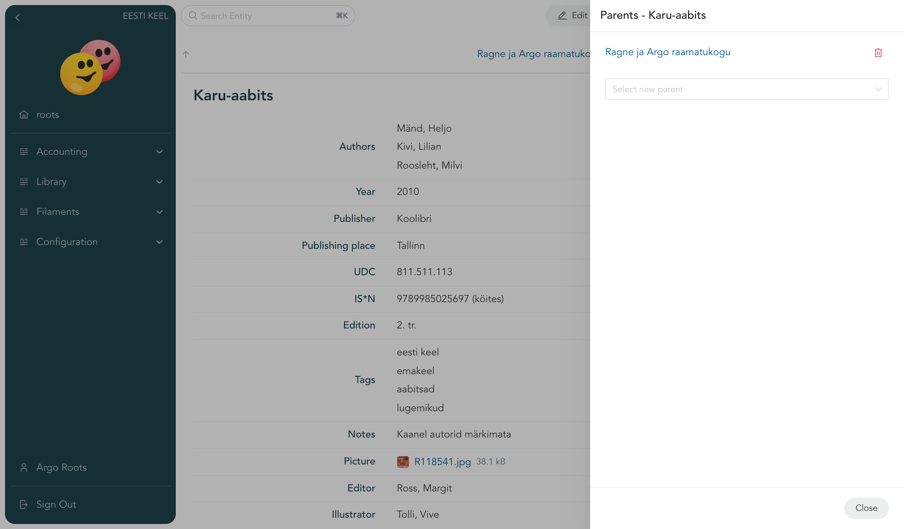 Parents drawer of an entity, listing its parent entities